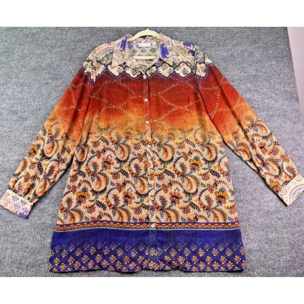 Susan Graver Button Front Tunic Top L Floral Paisley Print Long Sleeve Boho